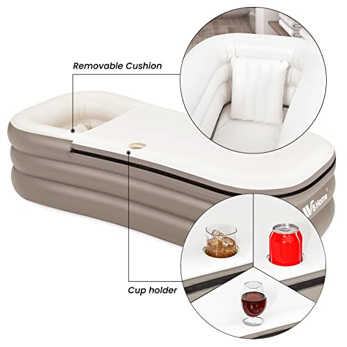 WBHome Inflatable Bath Tub PVC Portable Adult Bathtub Bathroom SPA with Electric Air Pump, Cup Holder, Phone Pocket, 118 inch Long Pipe, Grey