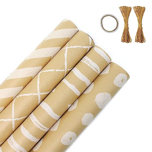 ZCOINS 4 Rolls of Kraft Wrapping Paper - 17" x 33 ft per Roll, Recyclable Gift DIY Wrapping Paper with Flax Strings and Tape for Kids Women Men Birthday Wedding Bridal Baby Showers Christmas Crafts Holidays