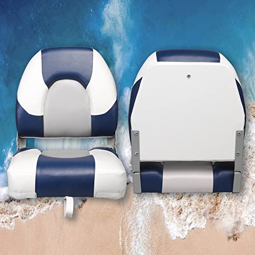 Leader Accessories A Pair of Elite Low/High Back Folding Fishing Boat Seat (2 Seats) (Blue/White/Light Grey)