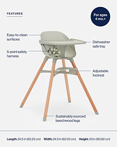 Lalo The Chair Convertible 3-in-1 Wooden High Chair for Babies and Toddlers, Baby High Chair with Dishwasher Safe Tray, Adjustable Footrest & Machine Washable Cushion, Sage