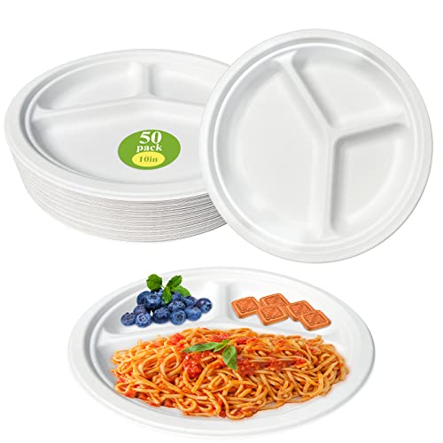 100% Compostable 50pc * 10“ Heavy-Duty Pulp Molded Stronger Paper Plate for Happy Party Set, Perfect for Christmas Carnival Catering Serving, 3 Compartment Eco-Friendly Disposable White Bagasse