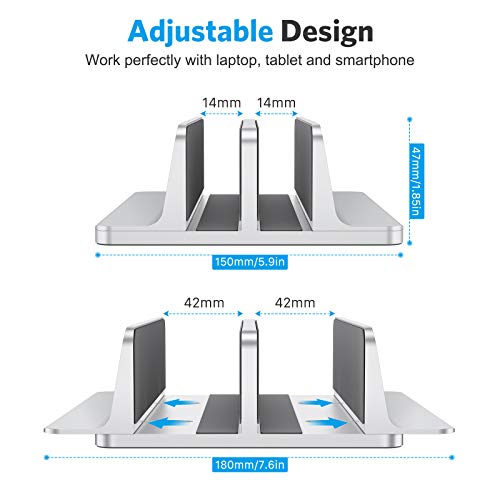 [Updated Dock Version] Vertical Laptop Stand OMOTON Double Desktop Stand Holder with Adjustable Dock (Up to 17.3 inch) Fits All MacBook/Surface/Samsung/HP/Dell/Chrome Book (Silver)