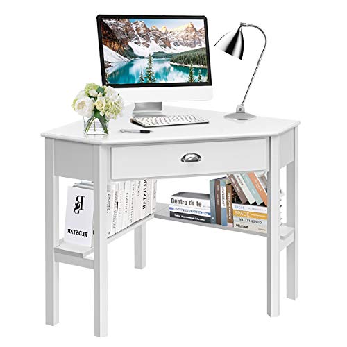 Giantex Wood Corner Computer Desk, Compact Writing Table w/Drawer & Shelves, Space Saving Workstation with Foot Pads, Laptop PC Corner Table Furniture for Home Office, White