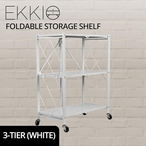 Ekkio Storage Shelves, Foldable Shelf, Metal Shelving Units for Garage, Kitchen, Bakers Closet, Metal Wire, Collapsible Organizer Rack (3 Tier - White)