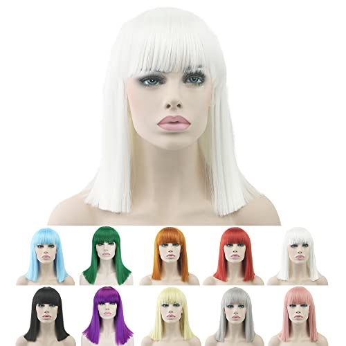 IMISSU Short Natural Cut Hair Cosplay Wig with Straight Bangs Halloween Costume Party Bob Wigs for Women (White)