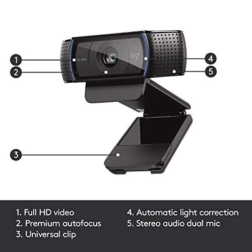 Logitech C920 HD Pro Webcam, Full HD 1080p/30fps Video Calling, Clear Stereo Audio, HD Light Correction, Works with Skype, Zoom, FaceTime, Hangouts, PC/Mac/Laptop/MacBook/Tablet - Black