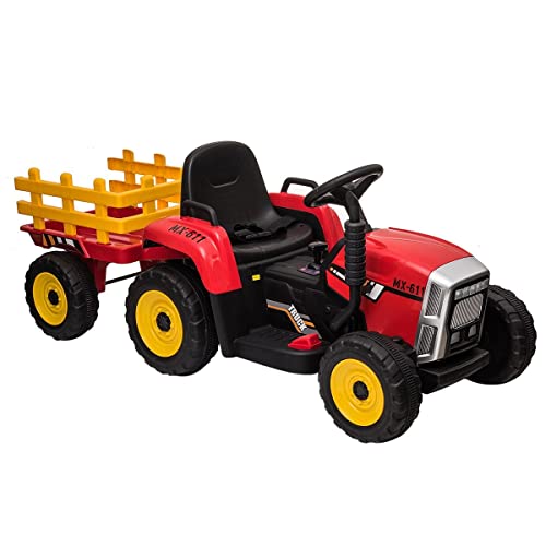 Kids Ride On Toy Farm Tractor Toy Electric Car Trailer w/MP3 Indoor Garden - Red