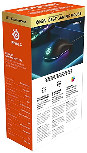 SteelSeries Rival 3 Wired 6-Button 77g Gaming Mouse - Prism 3-Zone RGB Illumination - 8,500 CPI TrueMove Core Optical Sensor