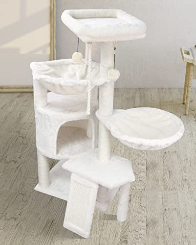 WANG Xin Three Layer Cat Tree with Cat Condo Scratch Pad and Two Hammocks,Beige