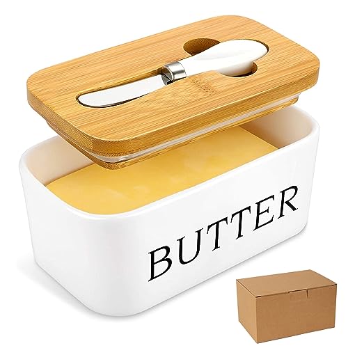 Butter Dish, Porcelain Butter Dish with Knife & Wooden Lid, Covered Butter Dish Easy Clean Airtight Butter Dishes for 2 Sticks of Butter West or East Coast Butter