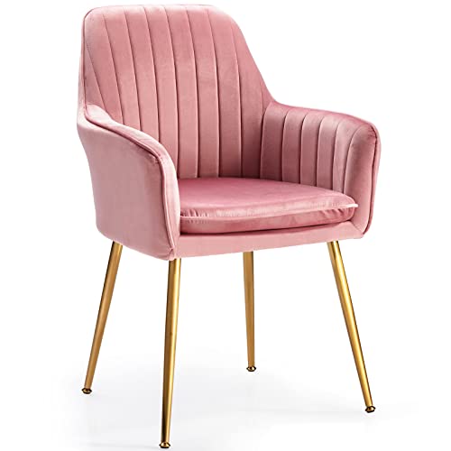 Giantex Set of 2 Leisure Chairs, Accent Upholstered Arm Chair Gold Steel Legs, Thick Sponge Seat, Non-Slipping Pads, Velvet, Comfortable Modern Chair for Living Room, Bedroom, Dining Room (Pink)