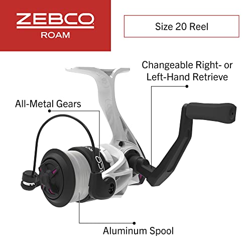 Zebco Roam Spinning Reel and 2-Piece Fishing Rod Combo, Durable Fiberglass Rod with ComfortGrip Handle, Right or Left-Hand Interchangeable Retrieve, Pink