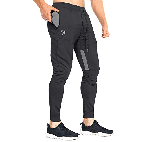 ZENWILL Mens Tapered Gym Joggers, Fitness Pants Casual Workout Track Pants with Zip Pockets（Medium,Black