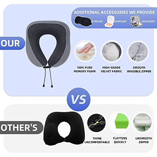 BEOPARY Travel Pillow & Cable Organizer, 100% Pure Memory Foam Neck Pillow 360-Degree Head Support Travel Neck Pillow for Airplane with 3D Eye Masks, Earplugs & Electronics Bag for Travel Accessories