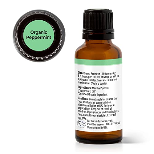 Plant Therapy USDA Certified Organic Peppermint Essential Oil. 100% Pure, Undiluted, Therapeutic Grade. 30 mL (1 Ounce).