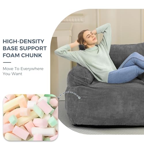 MAXYOYO Giant Bean Bag Chair, Stuffed Bean Bag Couch with Filler Large Living Room Bean Bag Chair for Adults, Big Lazy Sofa Accent Chair with Pocket Floor Chair for Gaming, Reading, Dark Grey