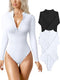 OQQ Women's 2 Piece Bodysuits Sexy Ribbed One Piece Zip Front Long Sleeve Tops Bodysuits, Black,white, Small