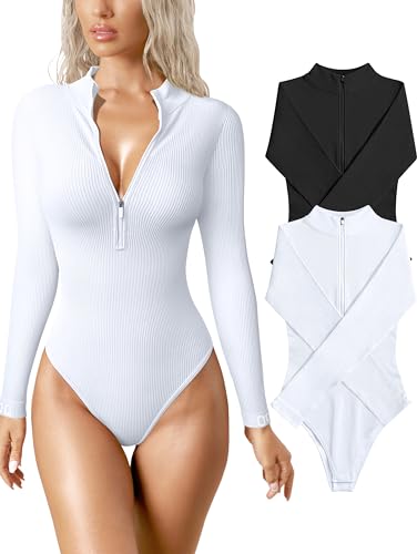 OQQ Women's 2 Piece Bodysuits Sexy Ribbed One Piece Zip Front Long Sleeve Tops Bodysuits, Black,white, Small