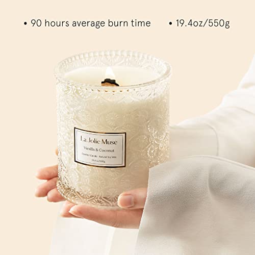 LA JOLIE MUSE Candles for Home Scented, Vanilla and Coconut Gift Candle, Wood Wicked Soy Candles, 19.4oz 90hours