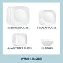 Corelle Cherish 16pc, Service for 4, Dinnerware Set, 8 Plates 8 Bowls, Chip & Break Resistant, Dinner Plates and Dinner Bowls, Corelleware Plates, White
