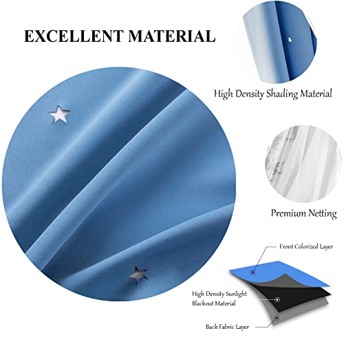 Loyala Star Curtains, Blackout Curtains for Bedroom, Cute Curtains, Kids Blackout Curtains, Double Layer Curtains, Light Blocking Curtains 63 Inch Length 2 Panels, Blue Curtains, 52 X 63 Inches