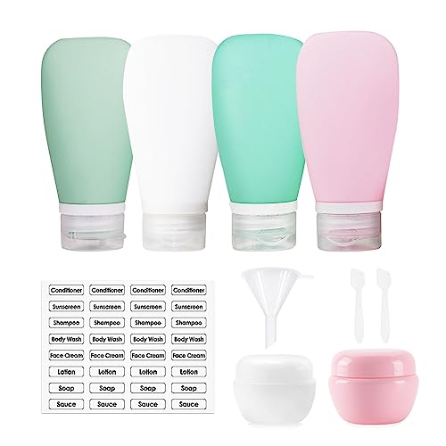 10 Pack Silicone Travel Bottles Set 90ml/3oz TSA Approved Toiletry Bottles Silicone Containers Ideal for Shampoo Conditioner Lotion BPA-Free Travel Essentials for Gym Hotel Stay (Green*2+White+Pink)