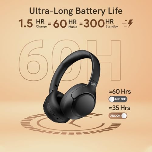 QCY H3 ANC Bluetooth Headphones, Active Noise Cancelling Bluetooth 5.3 Over-Ear Headphone with Microphones, Hi-Res Audio Sound, Multipoint Connection, 60H Playback, Black (Black)