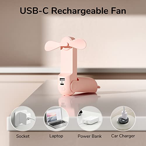 JISULIFE 3 in 1 Handheld Fan, Small Portable Fan, USB Rechargeable Mini Pocket Fan, Battery Operated Fan with Power Bank, Flashlight Function for Outdoor-Pink