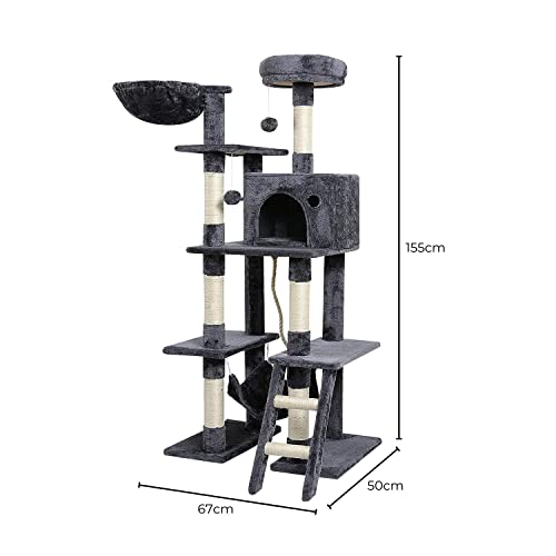 Floofi Cat Tree with Scratching Post & Interactive Cat Toy, Multi-Level Tower & Play House Suitable for Indoors (155 cm, Dark Grey Plush Cat Condo)