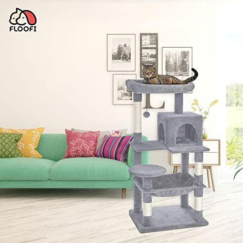 Floofi Cat Tree with Scratching Post & Interactive Cat Toy, Multi-Level Tower & Play House Suitable for Indoors (118 cm, Light Grey Plush Cat Condo)