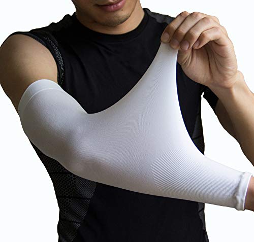 YISEVEN Adult's Sports Compression Arm Sleeves Basketball Shooting Shooter Sun UV Protection Cooling Sleeves Golf Football Accessories Baseball Running 3/4 Shirts Men & Women White (1 Pair)