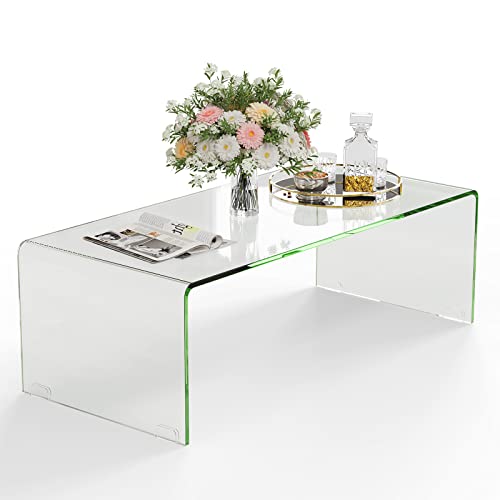 Tangkula Glass Coffee Table, 42.5" L × 20" W ×14" H, Modern Clear Tempered Glass Coffee Table for Living Room, International Occasion Tea Table, Waterfall Table with Rounded Edges (Clear Glass)