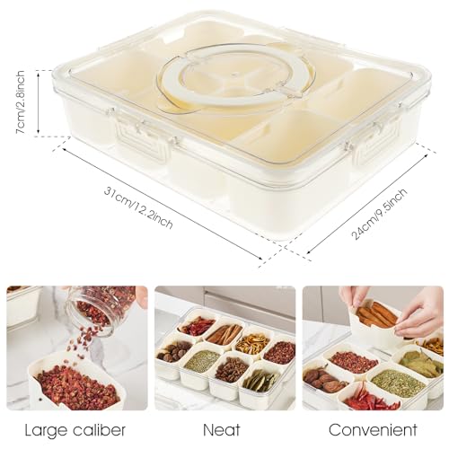 Divided Serving Tray with Lid and Handle Snack Platters Organizer with 8 Compartments Reusable Plastic Appetizer Tray Good Sealing Snack Divided Platter for Nut Candy Snacks