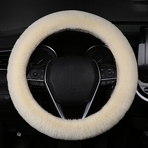 Womens Winter Fashion Wool Fur Steering Wheel Covers 3Pcs Set, Soft Fluffy Handbrake Cover Fluff Gear Shift Cover Plush Fuzz Warm Non-Slip Car Decoration Short Hair (Beige, 15 icnh)