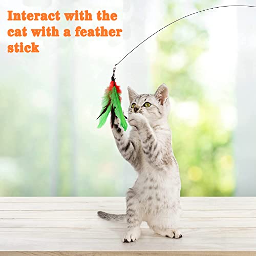 Cat Feather Toys, Fyvadio Cat Toy, Interactive Cat Toy with Super Suction Cup, 2PCS Springy Cat Wand,and 5PCS Teaser Refills Replacement with Bells, Feathers, Cat Spring String Toy Cat Accessories