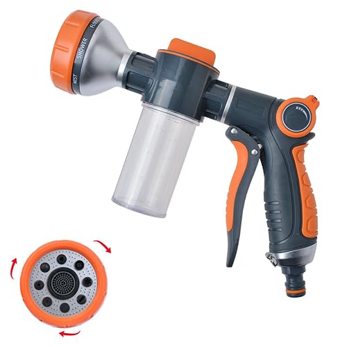 Car Wash Sprayer,9 in 1 Watering Patterns Car Wash Hose Attachment Garden Hose Nozzle with Soap Foam Dispenser for Garden Plants Watering Dog Washing House Cleaning (Orange)