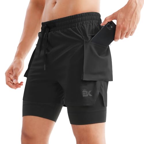 BROKIG Men's 2 in 1 Running Shorts, Quick Dry Sport Shorts Workout Fitness Gym Shorts Men with Zip Pockets(Black,Medium)