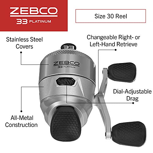 Zebco 33 Platinum Spincast Reel and Fishing Rod Combo, 5-Foot 6-Inch 2-Piece Fiberglass Rod, Comfortable Dual EVA/Cork Rod Handle, Instant Anti-Reverse Clutch, Includes 3-Piece Tackle Kit, Silver