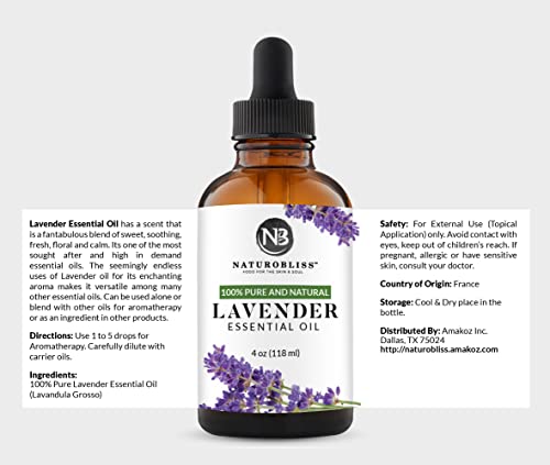 NaturoBliss Lavender Essential Oil, 100% Pure Therapeutic Grade, Premium Quality Lavender Oil, 4 fl. Oz - Perfect for Aromatherapy and Relaxation