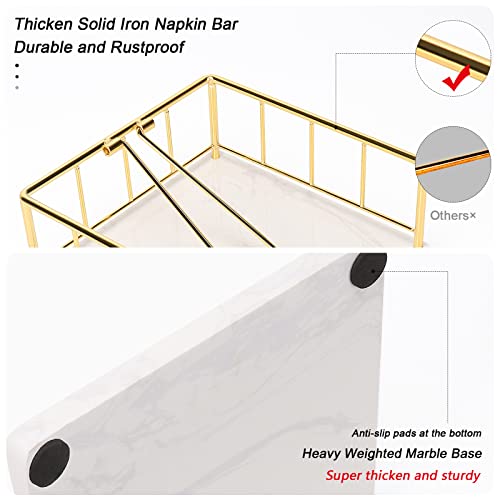 Livabber Flat Napkin Holder with Marble Base, All Metal Kitchen Napkin Holder with Weighted Tension Arm Rustic Tissue Paper Dispenser for Countertop, Table Kitchen, Dining Room (Gold)