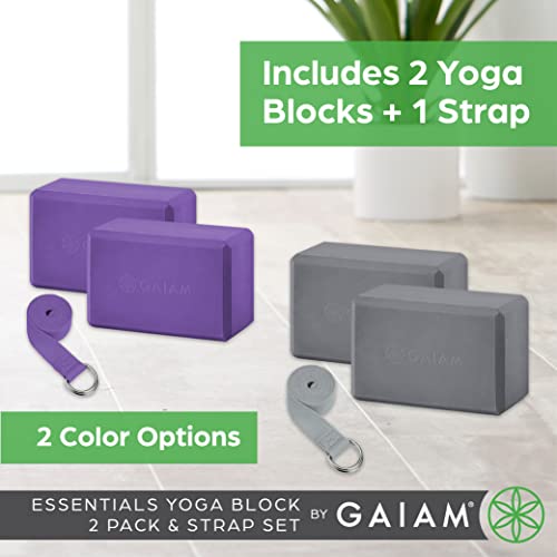 Gaiam Essentials Yoga Block 2 Pack & Yoga Strap Set, Grey