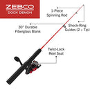 Zebco Dock Demon Spinning Reel and Fishing Rod Combo, 30-inch 1-Piece Fiberglass Fishing Pole, EVA Rod Handle, Size 10 Reel, Powertrain Drag, Pre-Spooled with 6-Pound Zebco Line, Red