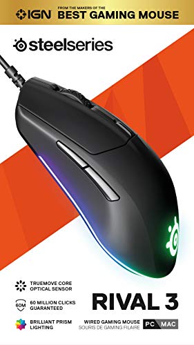 SteelSeries Rival 3 Wired 6-Button 77g Gaming Mouse - Prism 3-Zone RGB Illumination - 8,500 CPI TrueMove Core Optical Sensor