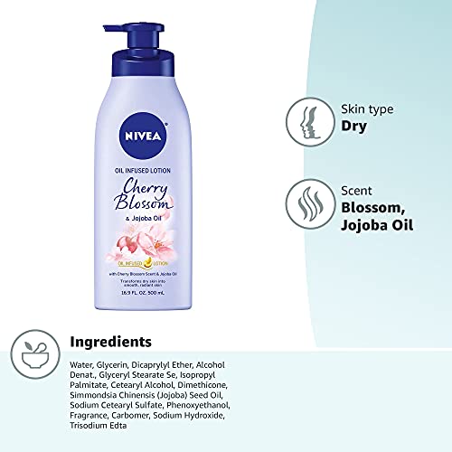 Nivea Oil Infused Body Lotion, Cherry Blossom Lotion with Jojoba Oil, Moisturizing Body Lotion for Dry Skin, 16.9 Fl Oz Pump Bottle