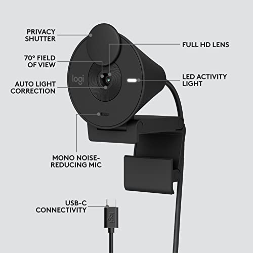 Logitech Brio 301 Full HD Webcam with Privacy Shutter, Noise Reduction Microphone, USB-C, Certified for Zoom, Microsoft Teams, Google Meet, Auto Light Correction - Black