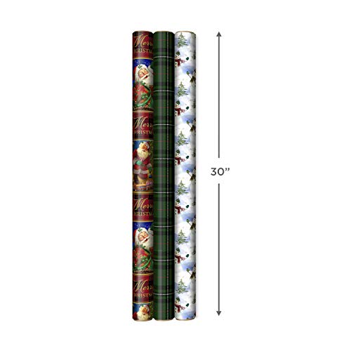 Hallmark Reversible Christmas Wrapping Paper (3 Rolls: 120 sq. ft. TTL) Vintage Santa, Snowmen, Traditional Green, Red and White Plaids