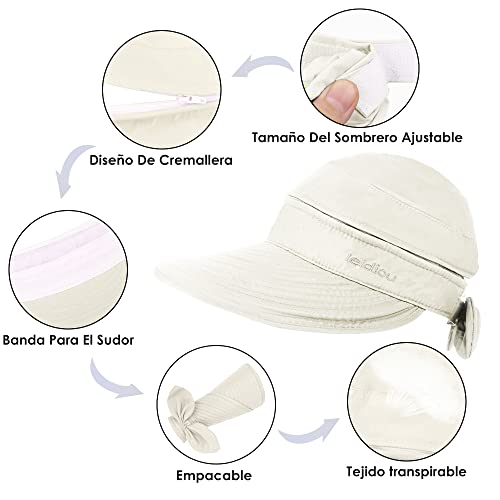 AutoWT Hats for Women, 2 in 1 Adjustable Convertible Beach Visor Hat with UV Sun Protection, Outdoor Bucket Hat Wide Brim Sun Hats Summer Wide Brim Fishing Cap (Cream)