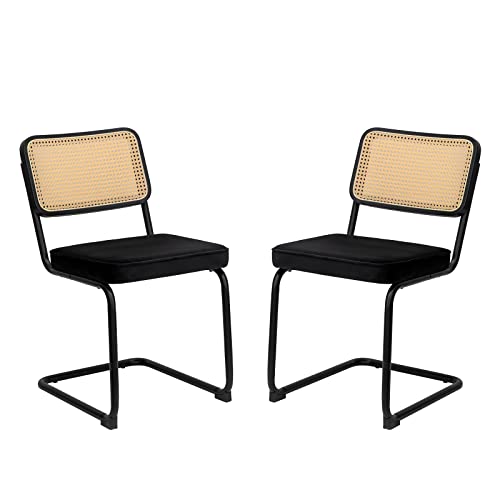 MFFM Dining Chairs Set of 2, Velvet Rattan Side Accent Chairs with Chrome Legs, Modern Mid Century Breuer Designed Chairs, Upholstered Dining Living Room Kitchen Chairs (Black-2pcs)