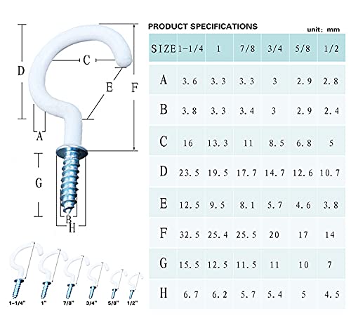 Vinyl Coated Screw-in Cup Hooks, 70Pcs Ceiling Hooks in 6 Size for Hanging Plants, Mugs, Wall Hangers for Indoor/Outdoor Use-(1/2", 5/8", 3/4", 7/8", 1'', 1-1/4") (70)