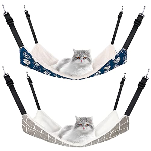 2 Pieces Reversible Cat Hanging Hammock Soft Breathable Pet Cage Hammock with Adjustable Straps and Metal Hooks Double-Sided Hanging Bed for Cats Small Dogs Rabbits and Other Small Animals (Medium)